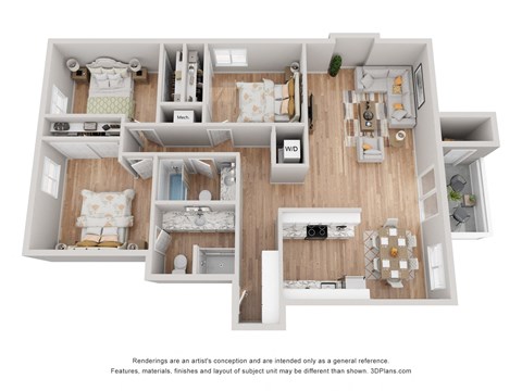 Floor plan for 3 beds, 2 baths, 1194 sqft